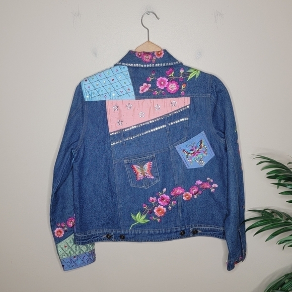 90s 00s Vintage Berek | Floral Butterfly Embroidered Sequin Beaded Jean Jacket - Picture 13 of 13